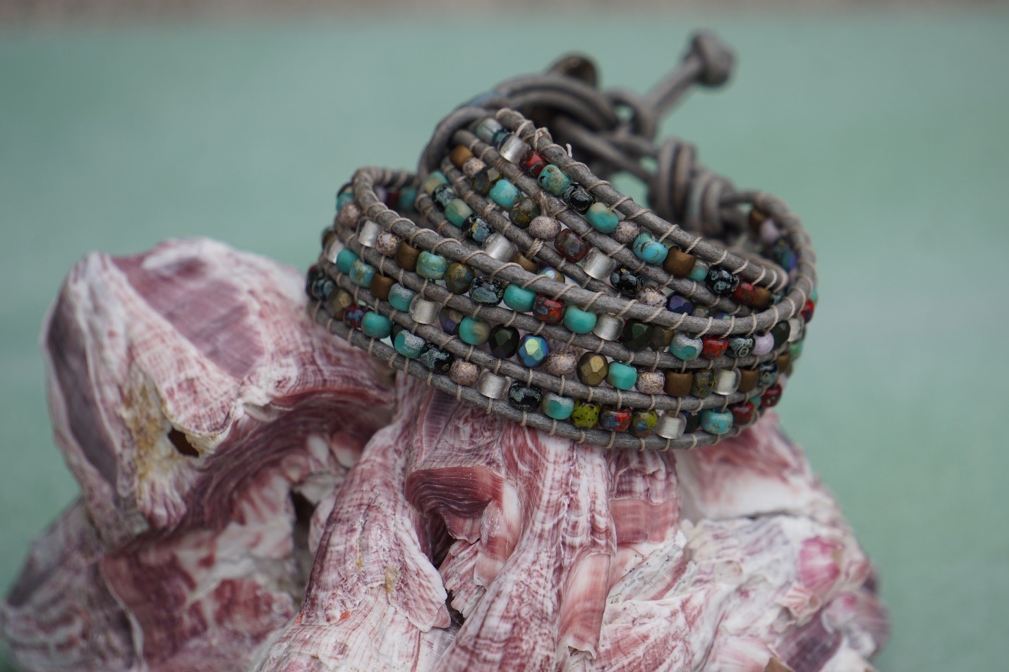 Ocean Mist – Shell Button Leather Wrap Bracelet