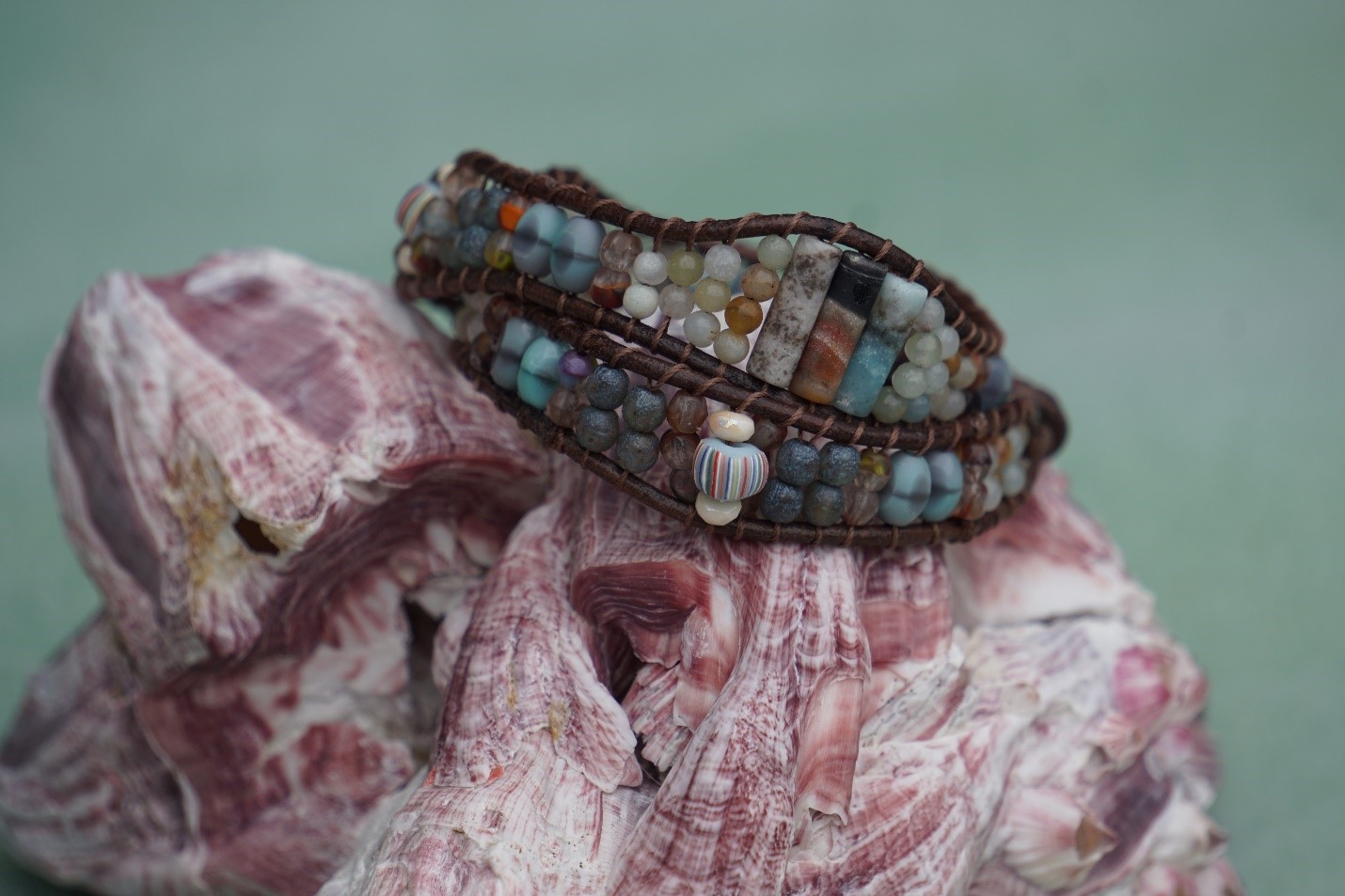 Sunset Shell – Pink & Blue Leather Wrap Bracelet1